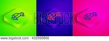 Isometric Line Fantastic Flying Car Icon Isolated On Green, Blue And Pink Background. Hover Car Futu