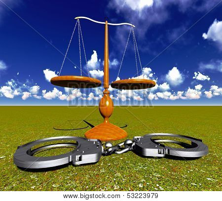 Scales of justice and handcuffs concept