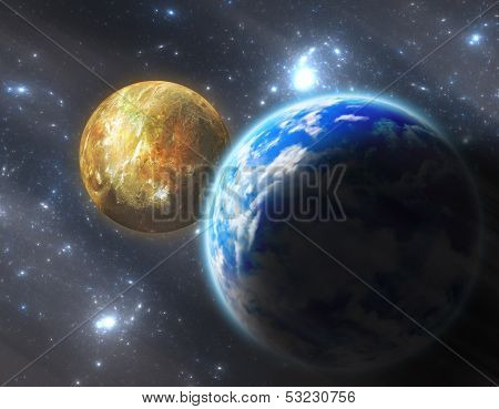 Digital Illustration Earth-like Planet With Moon
