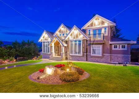 Luxury house at night in Vancouver, Canada.