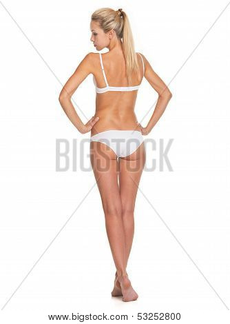 Full Length Portrait Of Young Woman In Lingerie . Rear View