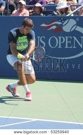 Grand Slam champion and professional tennis player Juan Martin Del Potro practices for US Open 2013