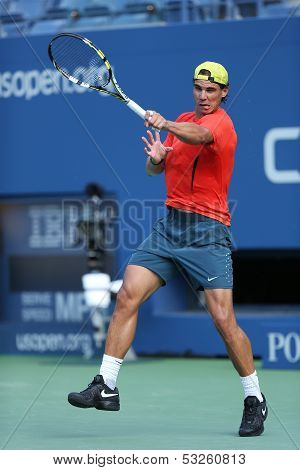 Twelve  times Grand Slam champion Rafael Nadal practices for US Open 2013 at Arthur Ashe Stadium