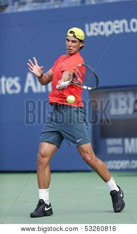 Twelve  times Grand Slam champion Rafael Nadal practices for US Open 2013 at Arthur Ashe Stadium