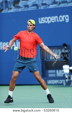 Twelve  times Grand Slam champion Rafael Nadal practices for US Open 2013 at Arthur Ashe Stadium