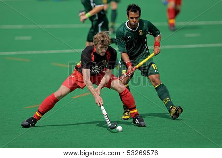 BLOEMFONTEIN, SOUTH AFRICA - MARCH 14: Players in action during an international men's field hockey game between Germany and South Africa March 14, 2009 in Bloemfontein. Germany won 4-3.