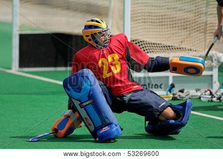 BLOEMFONTEIN, SOUTH AFRICA - MARCH 14: A goalkeeper in action during an international men's field hockey game between Germany and South Africa March 14, 2009 in Bloemfontein. Germany won 4-3.