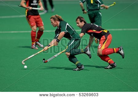 BLOEMFONTEIN, SOUTH AFRICA - MARCH 14: Players in action during an international men's field hockey game between Germany and South Africa March 14, 2009 in Bloemfontein. Germany won 4-3.
