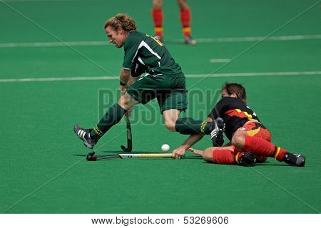 BLOEMFONTEIN, SOUTH AFRICA - MARCH 14: Players in action during an international men's field hockey game between Germany and South Africa March 14, 2009 in Bloemfontein. Germany won 4-3.