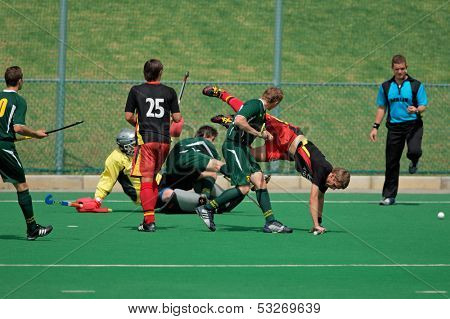 BLOEMFONTEIN, SOUTH AFRICA - MARCH 14: Players in action during an international men's field hockey game between Germany and South Africa March 14, 2009 in Bloemfontein. Germany won 4-3.