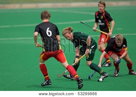 BLOEMFONTEIN, SOUTH AFRICA - MARCH 14: A German player in action during an international men's field hockey game between Germany and South Africa March 14, 2009 in Bloemfontein. Germany won 4-3.
