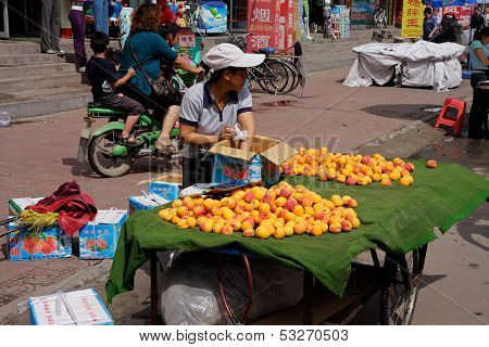 INNER MONGOLIA - JUNE 29:  Chinese woman selling her fresh produce on a street market, HoHot, Inner Mongolia, northern China, 29 June 2008. Example of the informal economic market of China.