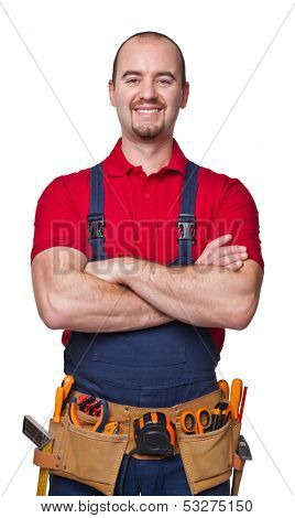 portrait of caucasian handyman isolated on white background