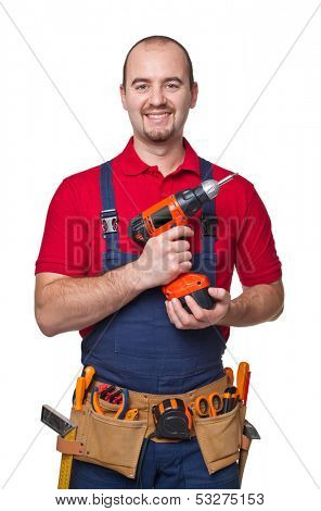 portrait of caucasian handyman isolated on white background