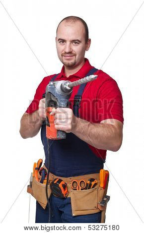 portrait of caucasian handyman isolated on white background