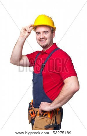 portrait of caucasian handyman isolated on white background