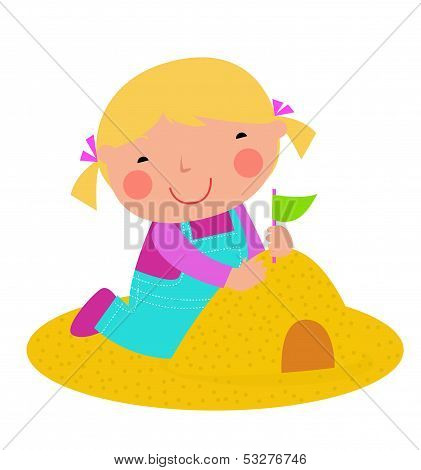 Illustration of little girl playing in sand
