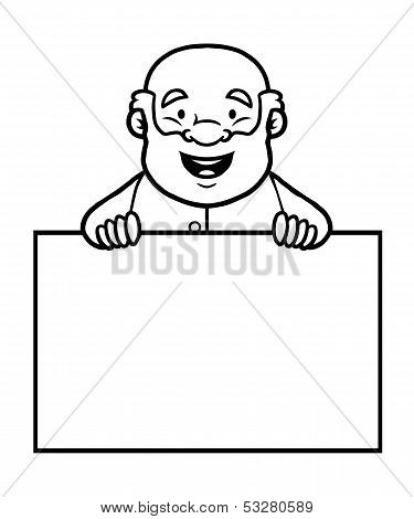 Black and white old man holding a blank sign