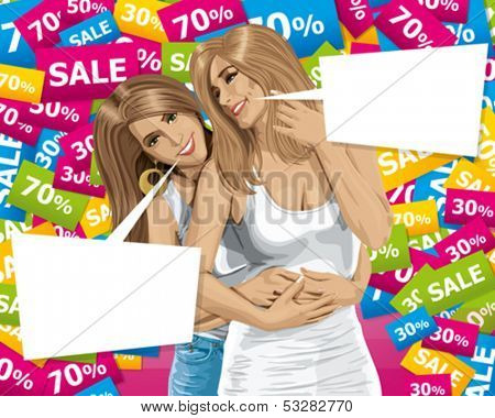 Sale concept. Vector gay couple. Two European happy woman