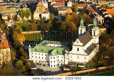 KRAKOW, POLAND - OCT 20: Birds eye view of Church St. Stanislaus Bishop, Oct 20, 2013 in Krakow, Poland. 1733-1751 the church received a baroque decor. It is one of the most famous Polish sanctuaries.