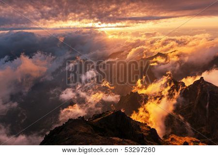 Pico Ruivo and Pico do Areeiro mountain peaks in  Madeira, Portugal