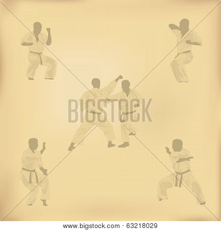 Set Of Images Of Karate On Old Paper