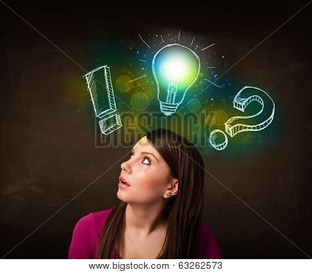 Young preety teenager with hand drawn light bulb illustration