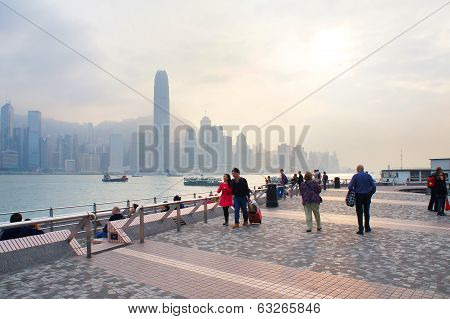 Harbour Victoria embankment at sundown in the Hong Kong