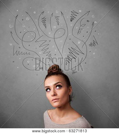 Pretty young woman deciding with sketched arrows over her head