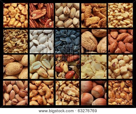 Collage showing different kind of nuts with or without shell