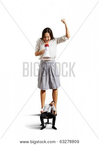 angry woman screaming at small lazy man over white background