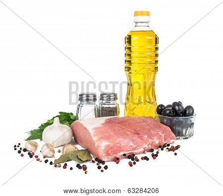 Uncooked Meat : Raw Fresh Beef Pork Rib And Fillet Ready To Cooking With Garlic, Sunflower Oil And G