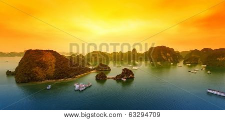 Vietnam Halong Bay beautiful sunset landscape background