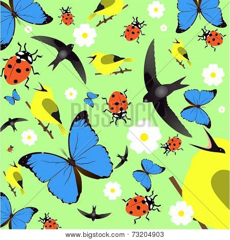 Pattern With Flowers, Butterfly, Ladybird