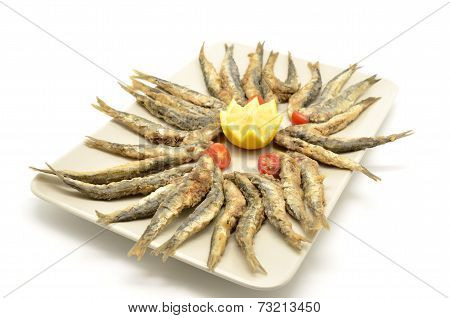 fried anchovies isolated on a white background