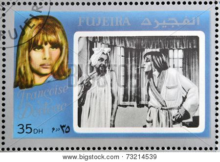 FUJEIRA - CIRCA 1972 : stamp printed in Fujeira shows french actress Francoise Dorleac circa 1972