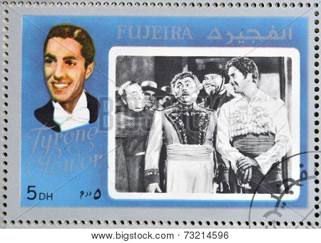 FUJEIRA - CIRCA 1972 : stamp printed in Fujeira shows actor Tyrone Power circa 1972