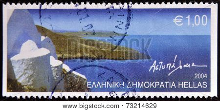 GREECE - CIRCA 2004: A stamp printed in Greece shows a panorama from Astypalaia island circa 2004.