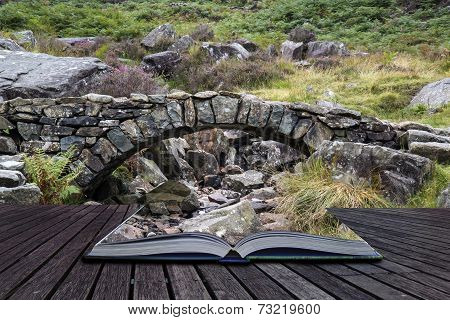 Old Ancient Packhorse Bridge Over Mountain Stream In Autumn Conceptual Book Image