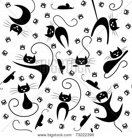 Seamless pattern with black cats, paw prints and mice