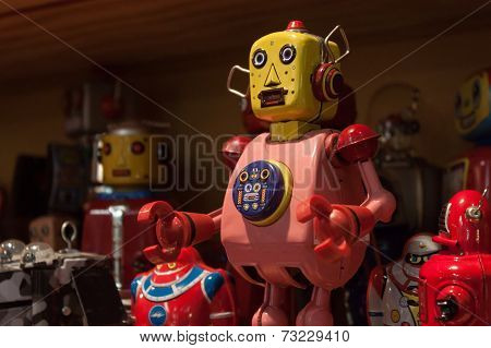 Vintage Tinplate Robots On Display At Homi, Home International Show In Milan, Italy