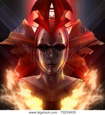 Iron maiden fantasy metal bust  horror mask in fire and blood illustration.