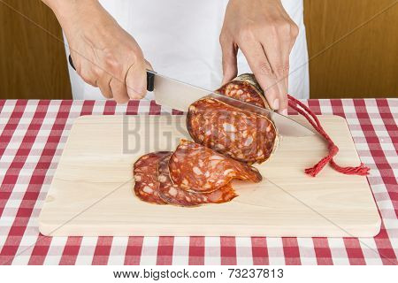 Butcher Slicing A Spanish Sausage Called Morcon
