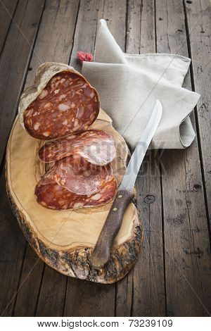 Spanish Sausage Called Morcon On A Cutting Board