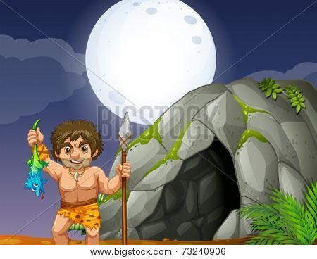 Illustration of a caveman and a cave