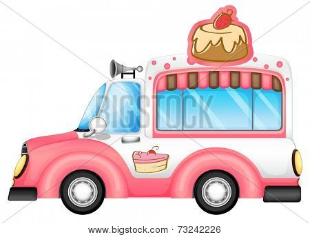 Illustration of a pink vehicle selling cakes on a white background