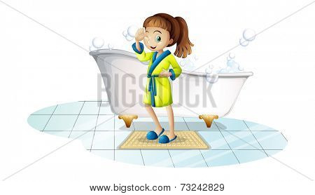 Illustration of a girl in bathrope in front of a bathtub