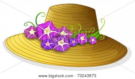 Illustration of a brown hat with blooming flowers on a white background