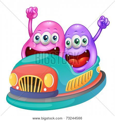 Illustration of the monsters riding on a bumpcar on a white background