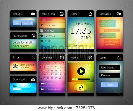 Mobile interface elements with colorful wallpaper, design for applications